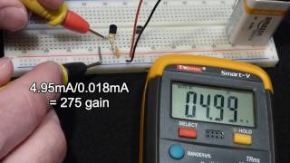 Breadboard gain test and multimeter hFE test of 2n2222 and 2N3904 NPN bipolar transistors [upl. by Deena]