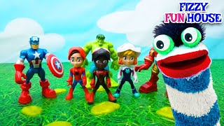 Fizzy Plays with Spidey and Superheroes Slime Bottles  Color Video For Kids [upl. by Burrus]