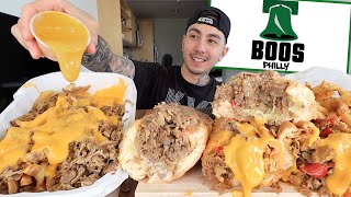 MUKBANG EATING Philly Cheesesteaks Cheesesteak Hoagie Cheesesteak Fries From Boos Philly [upl. by Tullusus]