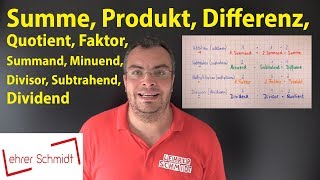 Summand Summe Minuend Subtrahend Differenz Faktor Produkt Dividend Divisor Quotient [upl. by Ahsinnor]