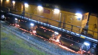 LORAM RAIL GRINDER  CLOSEUP NIGHTTIME at Deshler OH 8162019 [upl. by Nosnev]