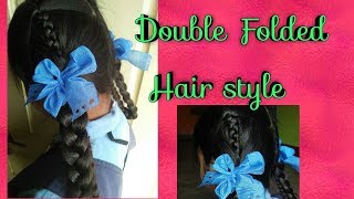 Double folded hairstyleTwo plaits hairstyletwin braid hairstylewith ribbonschool girl hair style [upl. by Godrich]