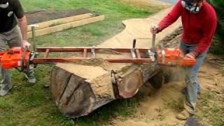 Slabcutting tree trunk for handcrafted furniture [upl. by Natfa]