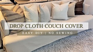 Couch Cover Using Drop Cloth  No Sewing [upl. by Erreid862]