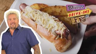 Guy Fieri Gets Goosebumps Eating a HouseMade Hot Dog  Diners DriveIns and Dives  Food Network [upl. by Essam96]