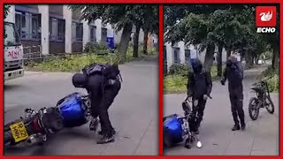 Footage shows thugs attempting to steal motorbike before crashing into bush [upl. by Euqinad469]