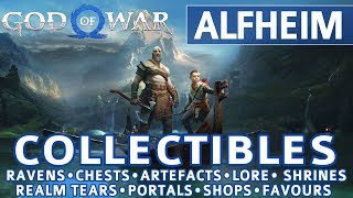 God of War  Alfheim All Collectible Locations Ravens Chests Artefacts Shrines  100 [upl. by Ahnavas]