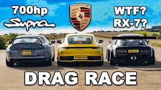 700hp Supra v 840kg RX7 v Porsche 911 DRAG RACE [upl. by Treharne]