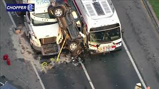 Multivehicle crash leaves SUV wedged between SEPTA bus and tractortrailer in Havertown [upl. by Lokkin]