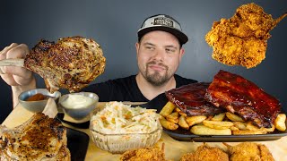 ASMR VEAL STEAK CRISPY CHICKEN SKEWERS BBQ RIBS FRIES amp COLESLAW MUKBANG [upl. by Servetnick]