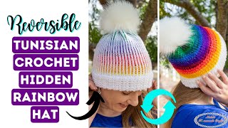 REVERSIBLE Tunisian Crochet Hat with Hidden Rainbow [upl. by Arual]