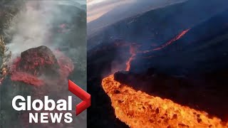 La Palma volcano Drone sweeps over sizzling lava stream huge molten boulder slides down side [upl. by Hax]