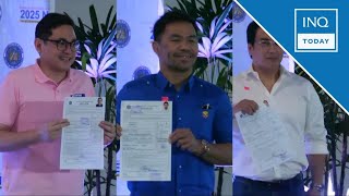 Sen Revilla files COC for reelection Manny Pacquiao Bam Aquino seek Senate return  INQToday [upl. by Sydel]