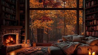 Cozy Cabin Ambience in Autumn Woods 🍁 Jazz Rain amp Fireplace for Ultimate Relaxation [upl. by Maurie]