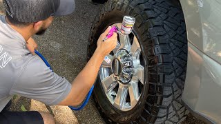 Applying tire shine through a aerosol spray gun [upl. by Rosalinda]