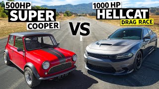 500hp Super Mini Cooper vs 1000hp Dodge Charger Hellcat NO PREP Drag Race [upl. by Liartnod106]