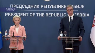 Vučić Otvoren razgovor i o KiM izneo sam poziciju Srbije Fon der Lajen Budućnost Srbije je u EU [upl. by Norabel]