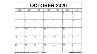 Free Printable October 2020 Calendar  WikiCalendarCom [upl. by Anerahs685]