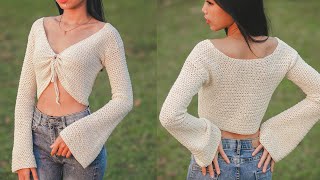 Crochet Crop Lace Cardigan  Crochet Bell Sleeves Cardigan  Chenda DIY [upl. by Alyled]