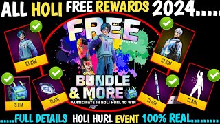 HOLI EVENT FREE FIRE 2024 FREE BUNDLE amp MORE HOLI REWARDS 2024 HOLI MISSION KAISE COMPLETE HOGA [upl. by Halfon]