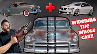 BEST CHASSIS SWAP EVER WIDENING THE WHOLE CAR 1950 CHEVY ON PONTIAC G8 BUDGET BUILD LS FRAME SWAP [upl. by Hurless360]