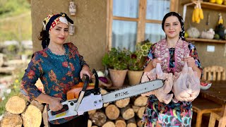 Cooking Chicken Fesenjoon Stew with Rice amp Fresh Vegetable Salad in the Village [upl. by Enialehs]