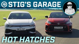 HOT HATCHES VW Golf GTI Clubsport vs Toyota GR Yaris  Stig’s Garage ft Becky Evans [upl. by Mail]