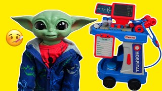 Baby Yoda Galactic Snackin Grogus check up Routine with toy Doctor cart play set [upl. by Hamehseer]