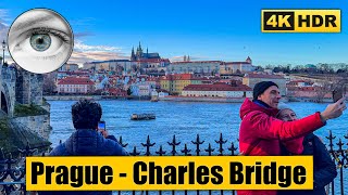 Prague Walking Tour of Charles Bridge at Winter Sunset 🇨🇿 Czech Republic 4k HDR ASMR [upl. by Ettesyl]