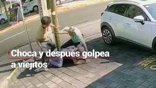 ¡UN INHUMANO 😡  Joven chocó contra dos autos atropelló a una mujer y después golpea a viejitos [upl. by Larrej]