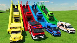 ALL POLICE CARS OF COLORS  TRANSPORTING COLORED POLICE CARS with TRUCKS  Farming Simulator 22 [upl. by Asta]