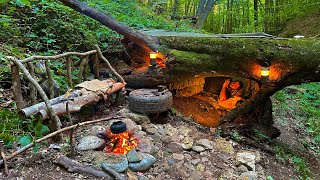 Bushcraft SURVIVAL Shelter Building a Natural Dugout inside Big Tree Fish Cooking ASMR Camping [upl. by Kylila]