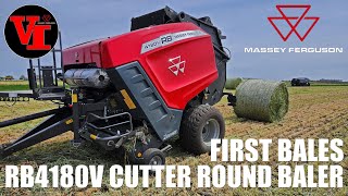 First Bales with Massey Ferguson RB4180V Cutter Round Baler in Rye Grass Cover Crop [upl. by Hessler]