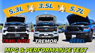 2023 Chevy Silverado Trail Boss VS Ford F150 Tremor VS RAM Rebel MPG And Performance Test [upl. by Hugon]