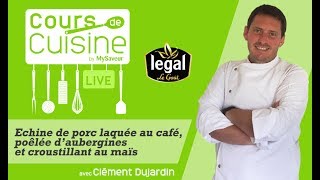 Cours de cuisine  Echine de porc laquée au café poêlée daubergines et croustillant au maïs [upl. by Anauqahs]