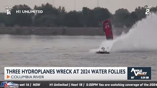 Three hydroplanes wreck out at the TriCity Water Follies after course size is reduced [upl. by Netsirhc]