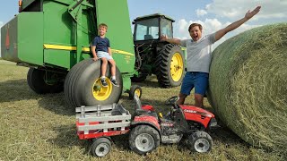 Making Hay Bales Using Real Tractors And Kids Tractors On The Farm [upl. by Heddie831]