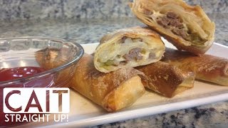 Philly Cheese Steak Eggrolls  Baked Not Fried  Game Day Favorite  Cait Straight Up [upl. by Anilec670]