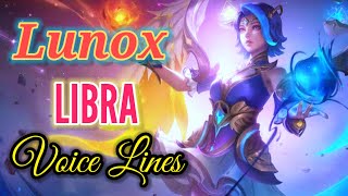 Lunox Libra  Zodiac skin voice lines and quotes  dialogues Mobile Legends Noygen [upl. by Plume]