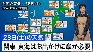 9月28日土の天気予報 関東や東海はすっきりしない天気 西日本は蒸し暑い一日に [upl. by Arrej]