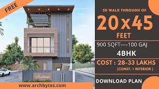 20x45 House Design 3D  900 Sqft  100 Gaj  4 BHK  Modern Design  Terrace Garden  6x14 Meters [upl. by Kacerek593]