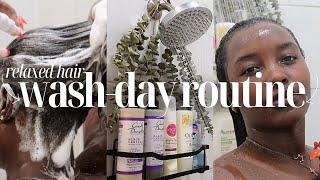 Relaxed Hair Wash Day Routine  Shampoo  Deep Conditioner  BlowDry [upl. by Durham]