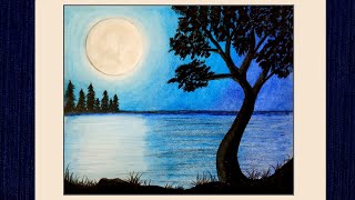 Very easy Moonlit Night scenery drawing  Drawing with color pencils  prakritik drishya [upl. by Dressel829]