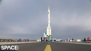 Chinas Long March 2F rocket rolled out for new space station crew launch [upl. by Irma]