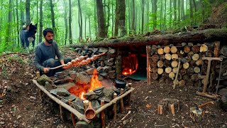 Building a WOOD and ROCK Bushcraft SHELTER for SURVIVAL 3 DAYS Fireplace Quail Cooking Camping [upl. by Aubyn660]