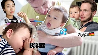 첫 양치🦷잘때도 엄마따라 웃는 네오🩵 층간소음 모닝콜👶🏻국제커플 육아 9개월아기 브이로그 [upl. by Idnarb]