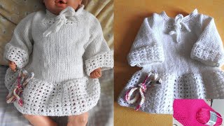 Tuto Tricot Robe Bébé tailles 03 mois  69 mois  12 mois  18 mois point Mousse Ajouré et Jersey [upl. by Belter]