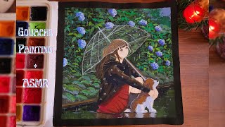 🌱Anime Girl and Dog in Rain 🌸Jelly Gouache Painting  ASMR cozy Painting [upl. by Florio926]