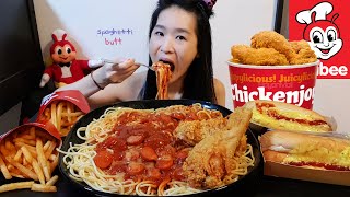 JOLLIBEE FEAST Jolly Spaghetti Noodles amp Eggs Chicken Joy Chicken amp Cheesy Hotdogs  Mukbang Asmr [upl. by Astrid]