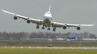 BOEING 747 CROSSWIND LANDINGS during a STORM at Amsterdam 4K [upl. by Elmo10]